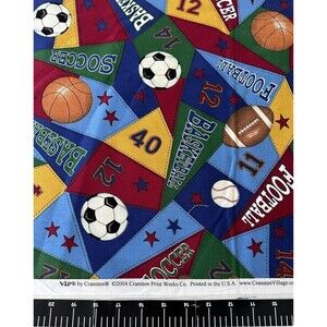SPORTS FABRIC Soccer Baseball Football Pennants Quilting Cranston 2004 BTY